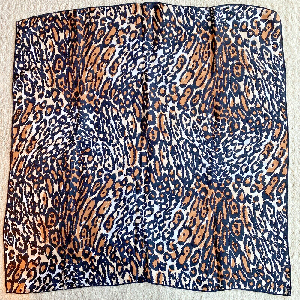 Vintage Silk & Rayon Blend Animal Print Scarf Japan 26” Square Black Tan Cream